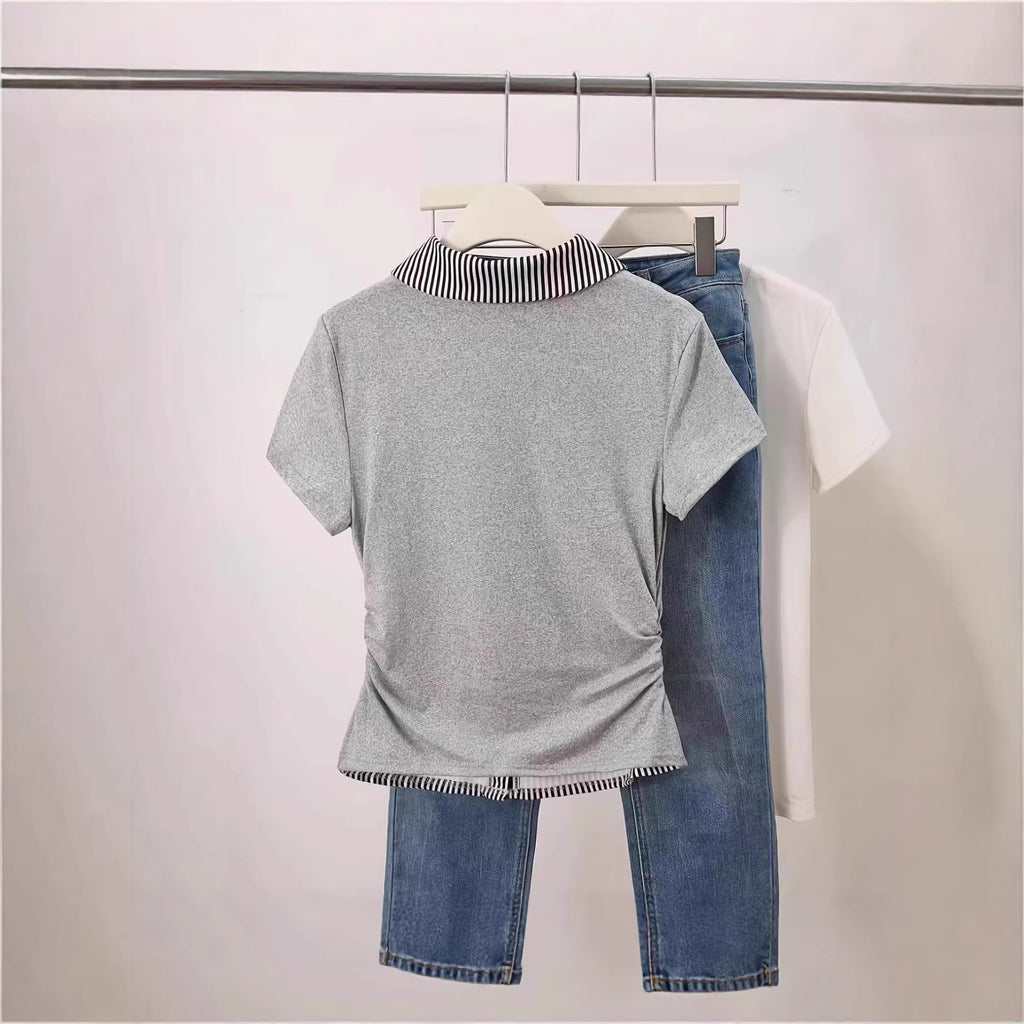 Fake Two-Piece Set Color-Block Patchwork Slimming Short-Sleeve Top