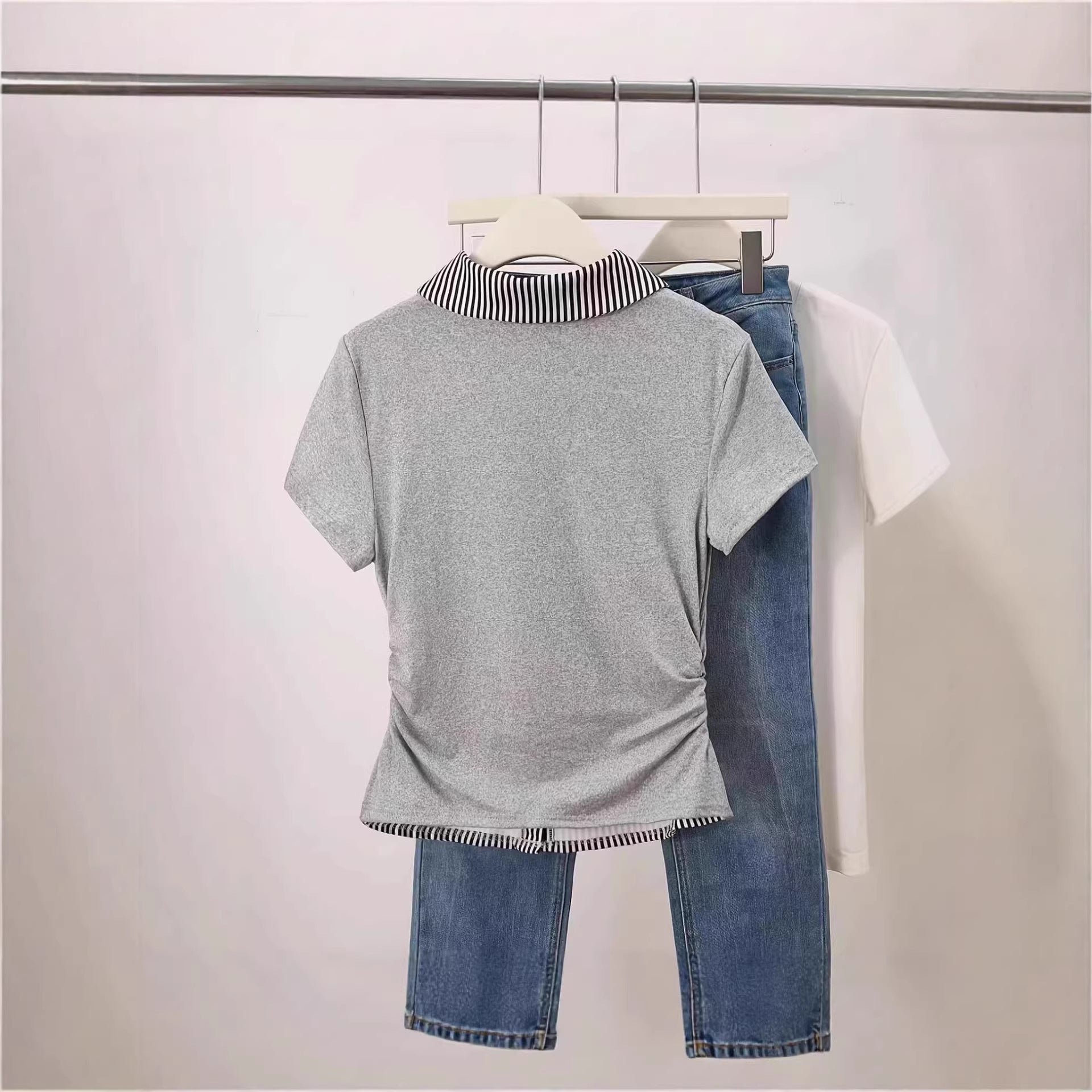 Fake Two-Piece Set Color-Block Patchwork Slimming Short-Sleeve Top