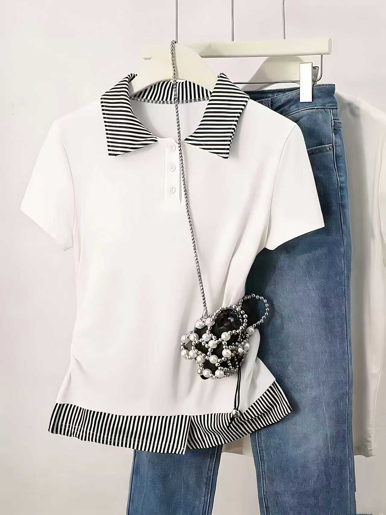 Fake Two-Piece Set Color-Block Patchwork Slimming Short-Sleeve Top