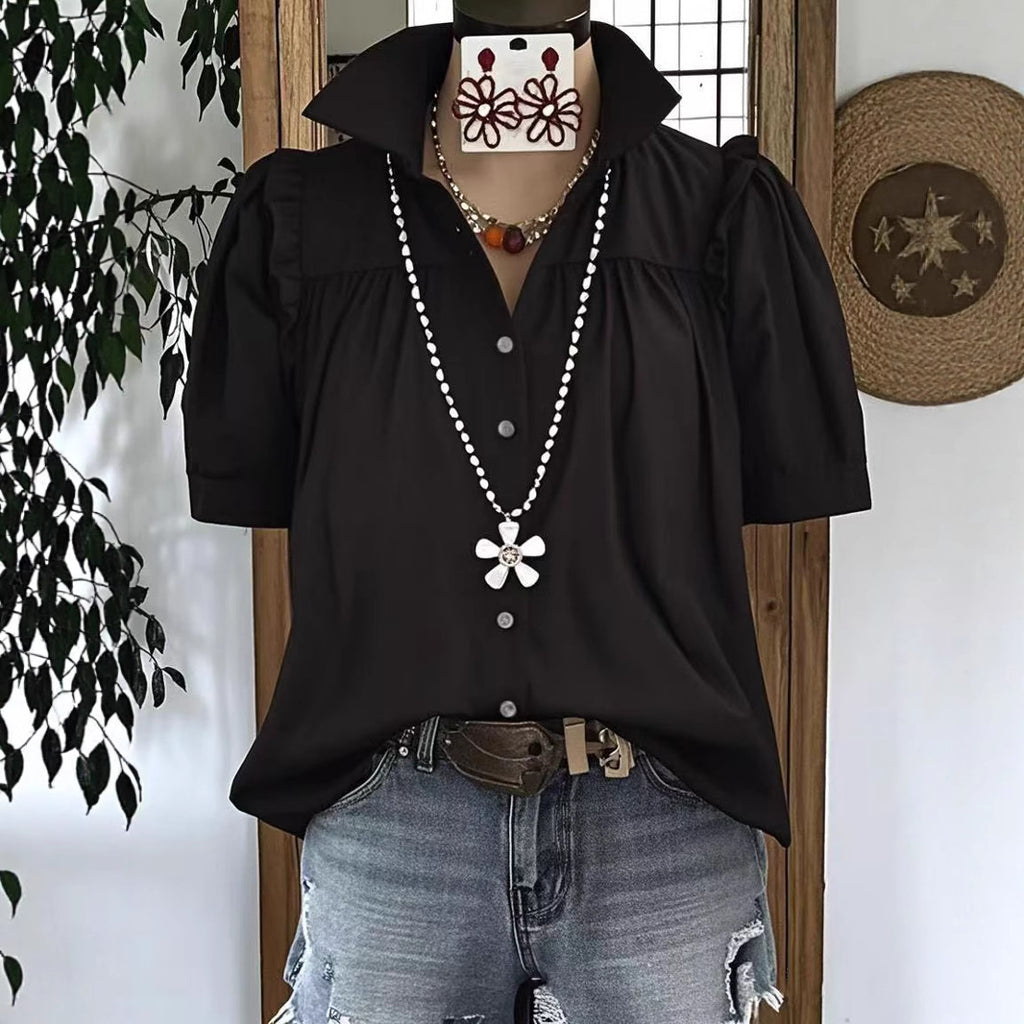 Summer New Womens Casual Loose Fashion Pleated Solid Color Patchwork Short-Sleeve Shirt