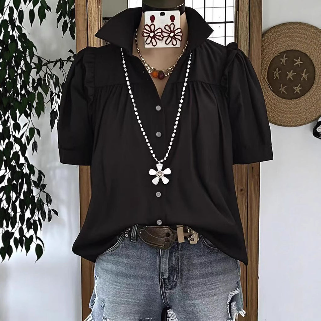 Summer New Womens Casual Loose Fashion Pleated Solid Color Patchwork Short-Sleeve Shirt