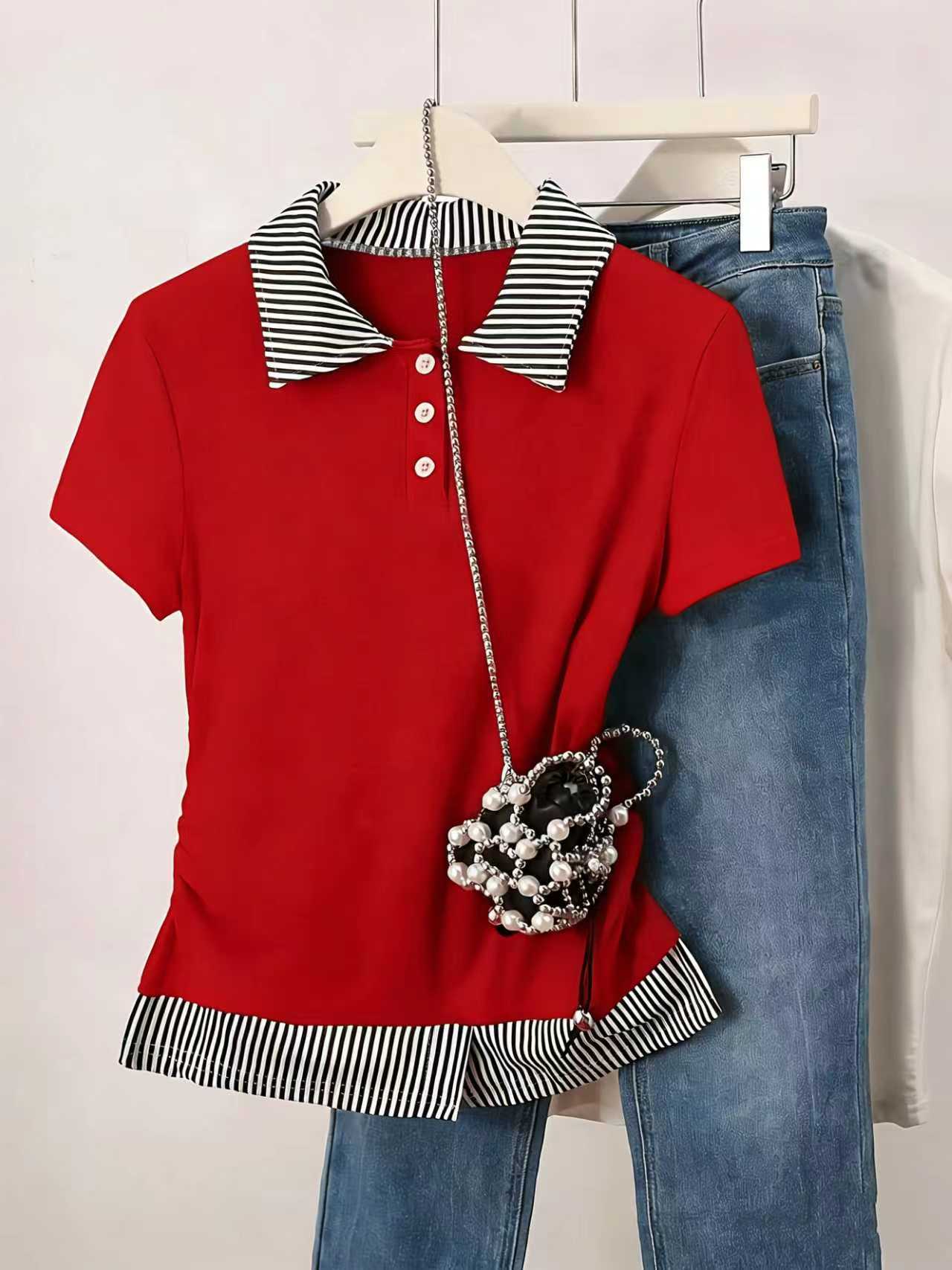 Fake Two-Piece Set Color-Block Patchwork Slimming Short-Sleeve Top