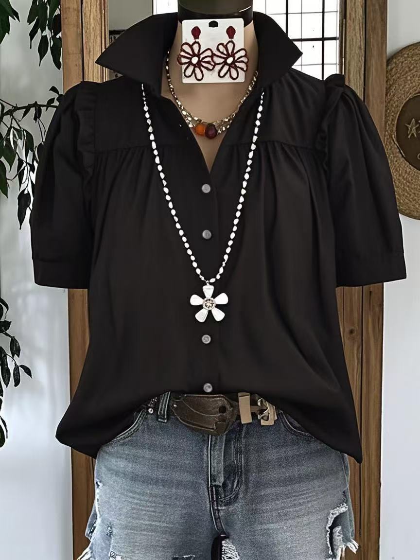 Summer New Womens Casual Loose Fashion Pleated Solid Color Patchwork Short-Sleeve Shirt