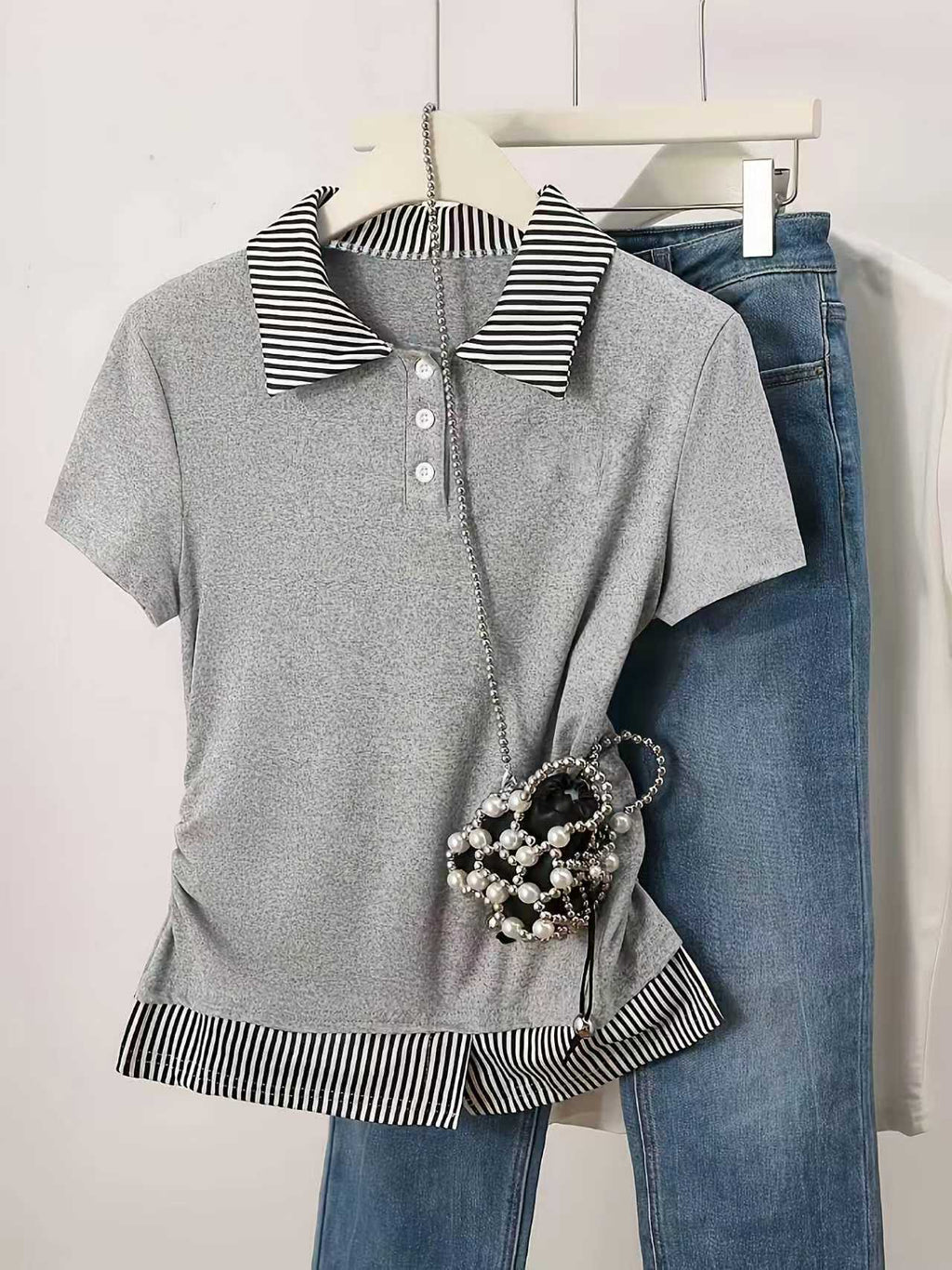 Fake Two-Piece Set Color-Block Patchwork Slimming Short-Sleeve Top