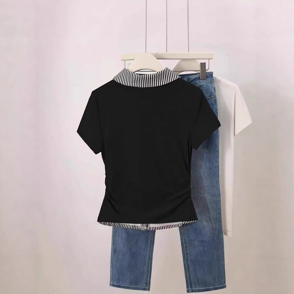 Fake Two-Piece Set Color-Block Patchwork Slimming Short-Sleeve Top