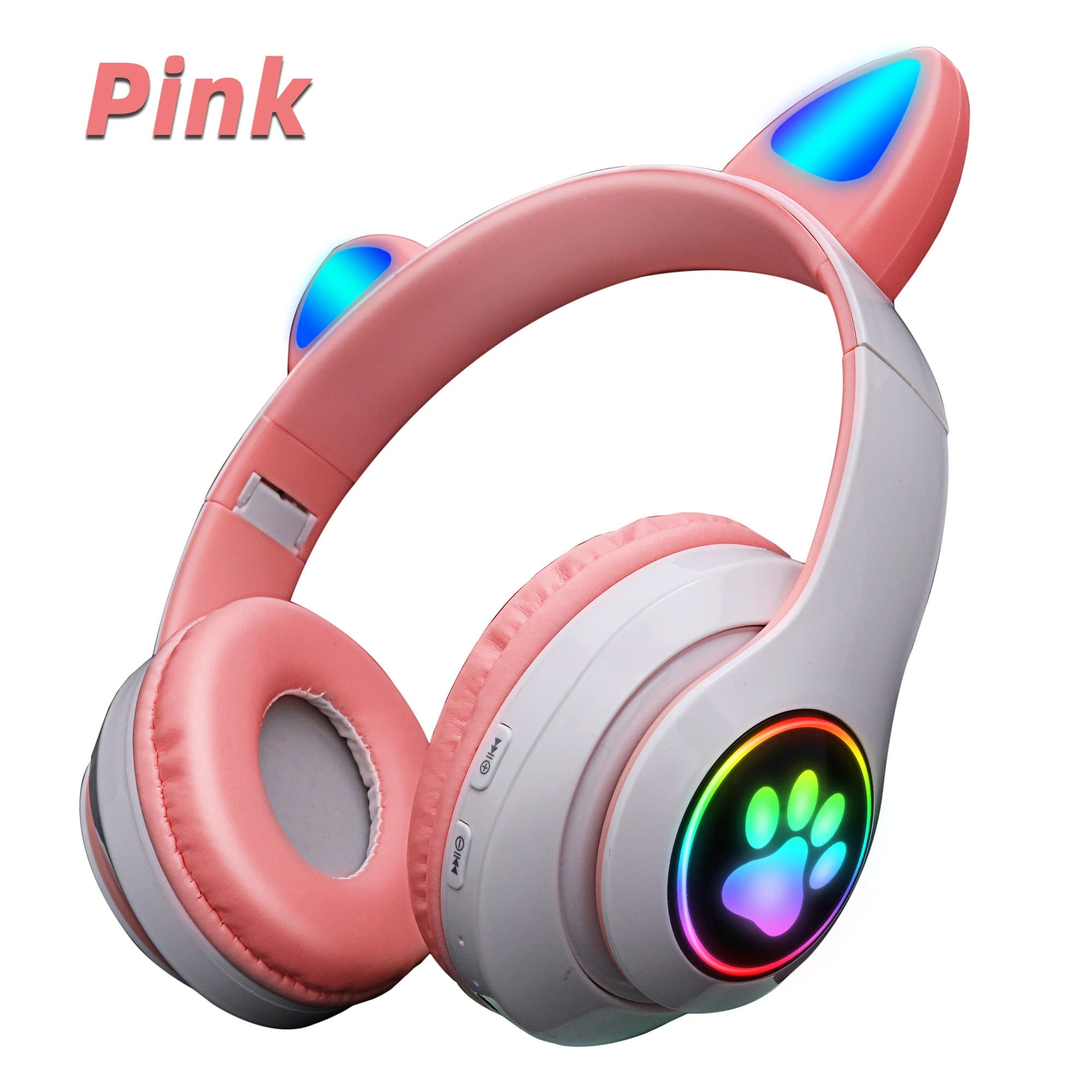 Pink Cute Cat Ears Wireless Headphone Bluetooth-compatible Headset Stereo Foldable Earphone with Microphone Music Kid Girl Gift