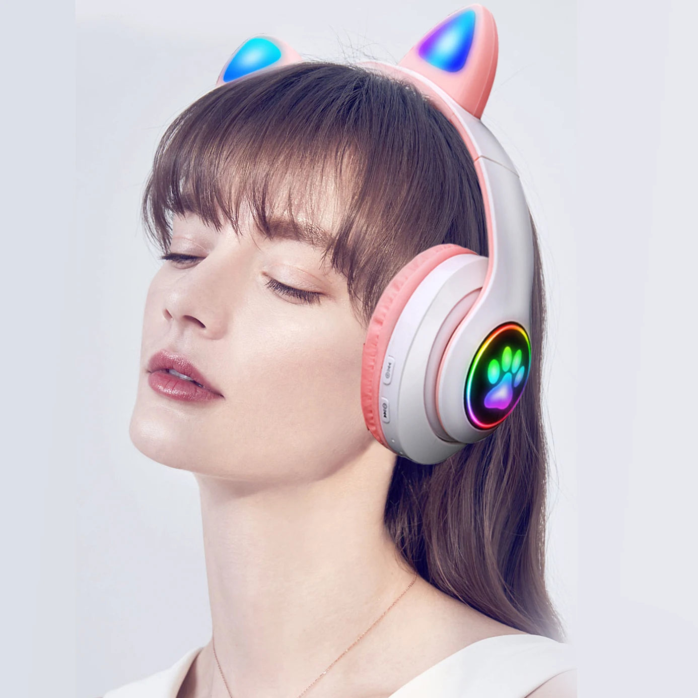 Pink Cute Cat Ears Wireless Headphone Bluetooth-compatible Headset Stereo Foldable Earphone with Microphone Music Kid Girl Gift