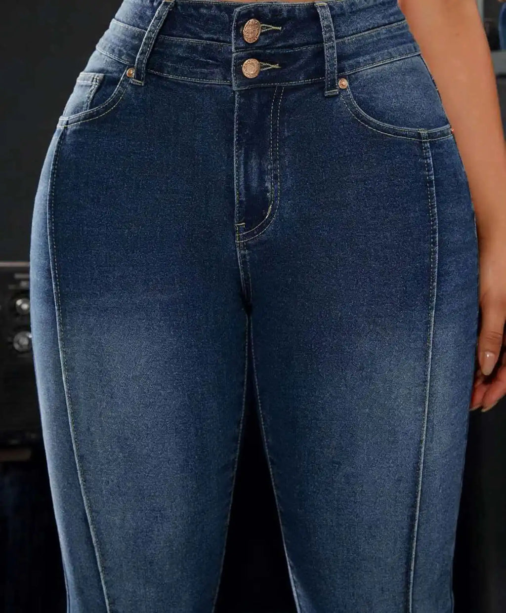 Women's High-Waisted Stretch Denim Trousers with Double Buttons