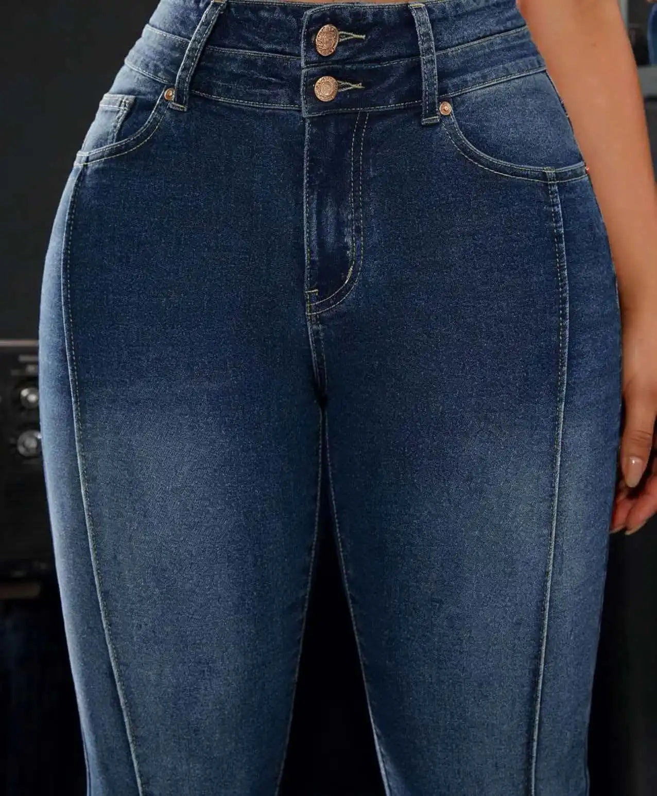 Women's High-Waisted Stretch Denim Trousers with Double Buttons