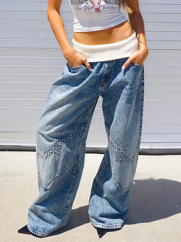 Korean Style Retro Washed Blue Elastic Jeans Women's Y2K Explosions Popular Harajuku hip-hop Gothic Casual Joker Street Wear