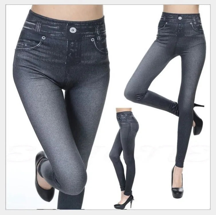 1pcs Women's Denim Print Leggings Females Fashion Slim Leggings Faux Jeans Leggings Lady Stretch Printed Tights Black Blue Pants