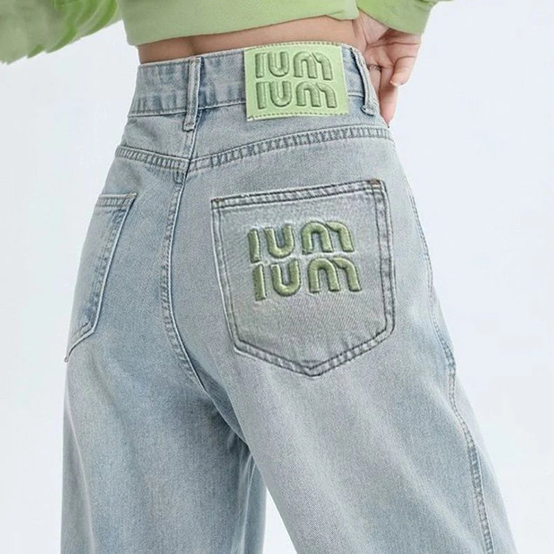 Lady Chic Green Embroidered Jeans Pants Women Loose Fit Denim Pants Girls High Waisted Straight Leg Jeans Trousers