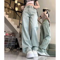 Lady Chic Green Embroidered Jeans Pants Women Loose Fit Denim Pants Girls High Waisted Straight Leg Jeans Trousers