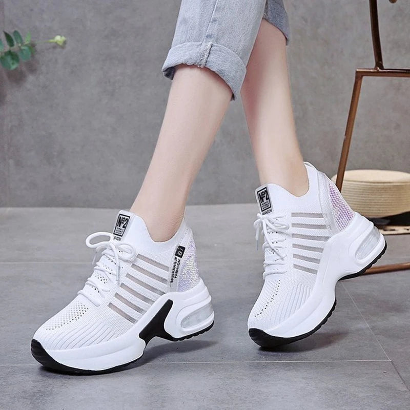 2022 New Women's Mesh Invisible Heightening Women's Wedge Heel Lace-up Sneakers Fashion Color Matching Women's Shoes