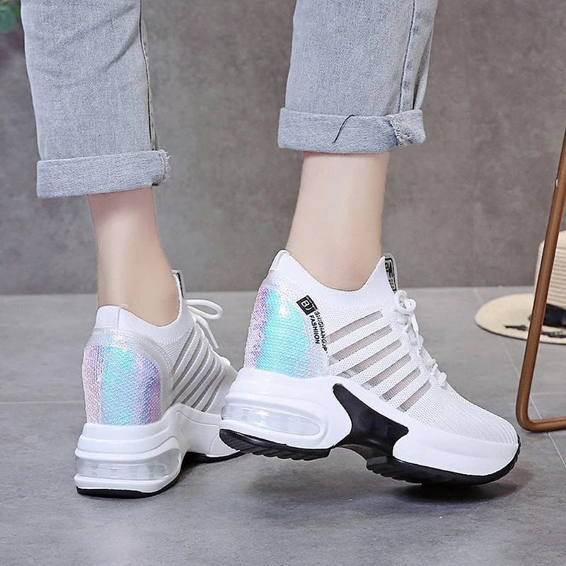 2022 New Women's Mesh Invisible Heightening Women's Wedge Heel Lace-up Sneakers Fashion Color Matching Women's Shoes