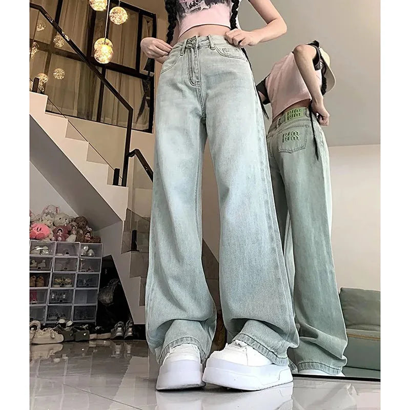 Lady Chic Green Embroidered Jeans Pants Women Loose Fit Denim Pants Girls High Waisted Straight Leg Jeans Trousers