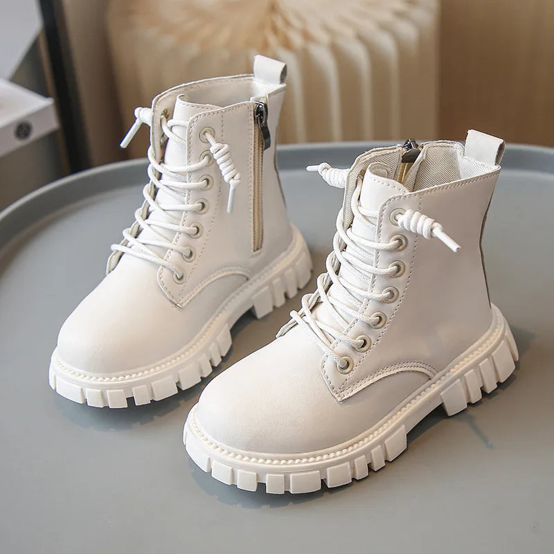 Children's Platform Ankle Boots Spring Autumn Girls Causal Black Leather Boots Fashion Non-slip Kids School Thick Bottom Boots