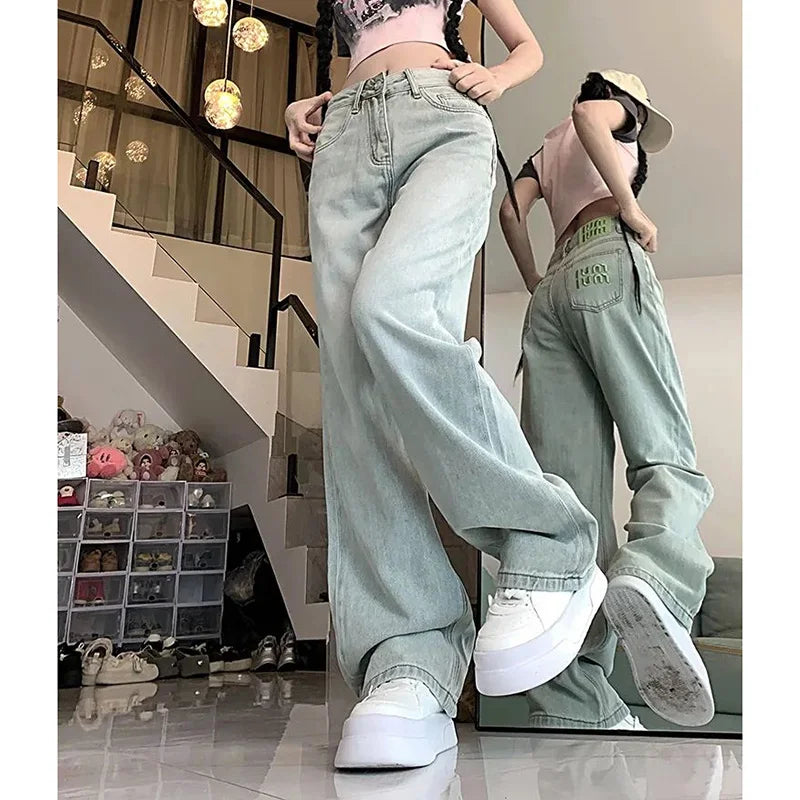 Lady Chic Green Embroidered Jeans Pants Women Loose Fit Denim Pants Girls High Waisted Straight Leg Jeans Trousers