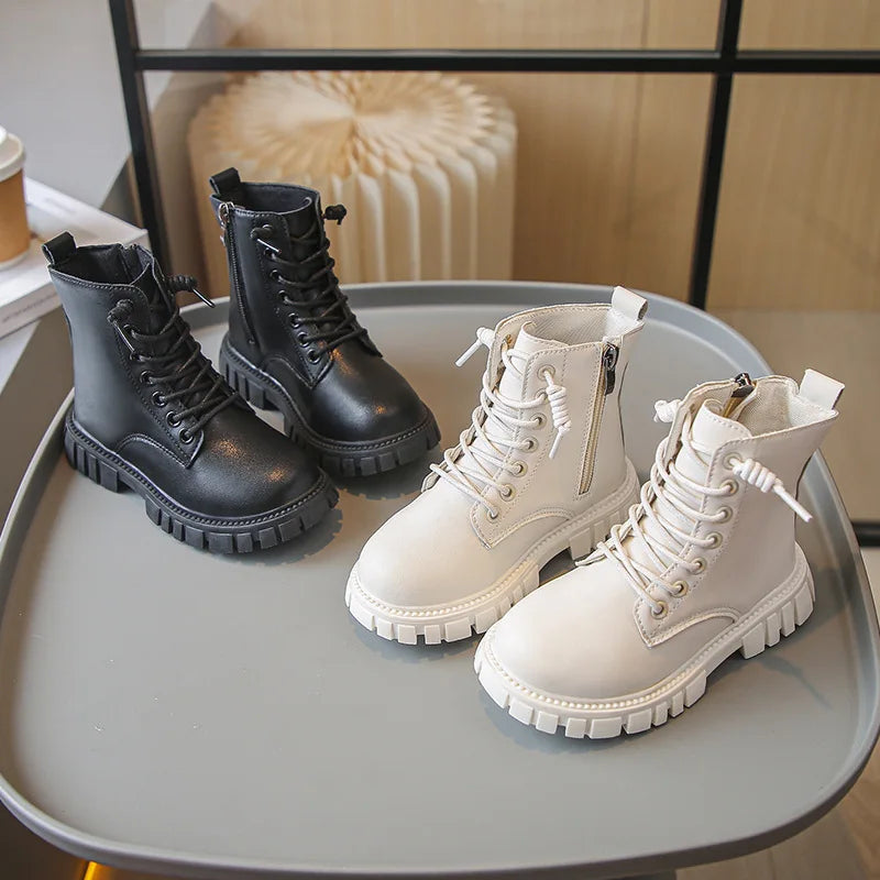 Children's Platform Ankle Boots Spring Autumn Girls Causal Black Leather Boots Fashion Non-slip Kids School Thick Bottom Boots