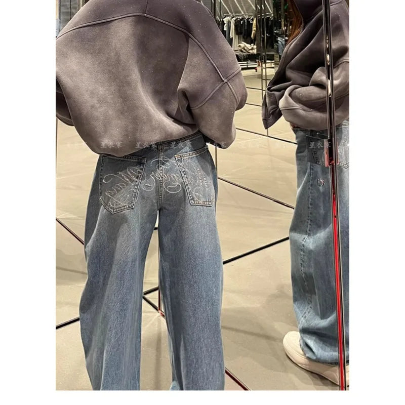 Loose Wide Leg Womens Jeans Casual  Pants Trousers Vintage Retro Design American Style Chic Distressed Oversized Fashion