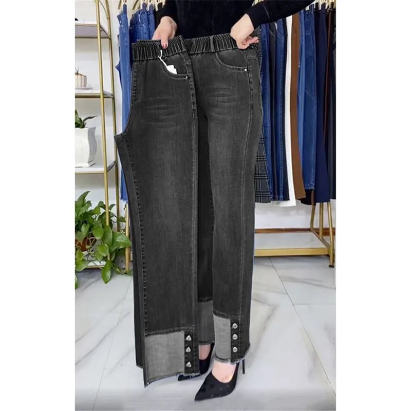 Middle-aged Women's Jeans Spring Autumn Stretch Waist Straight Denim Pants Large Size Loose High Waist Casual Black Blue Trouser