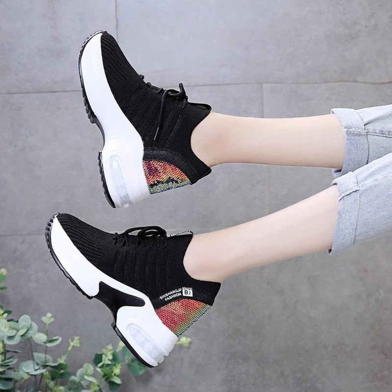 2022 New Women's Mesh Invisible Heightening Women's Wedge Heel Lace-up Sneakers Fashion Color Matching Women's Shoes