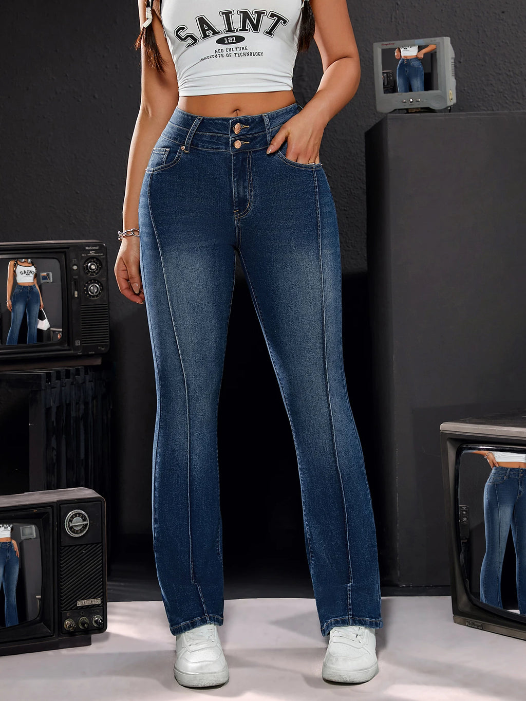 Women's High-Waisted Stretch Denim Trousers with Double Buttons