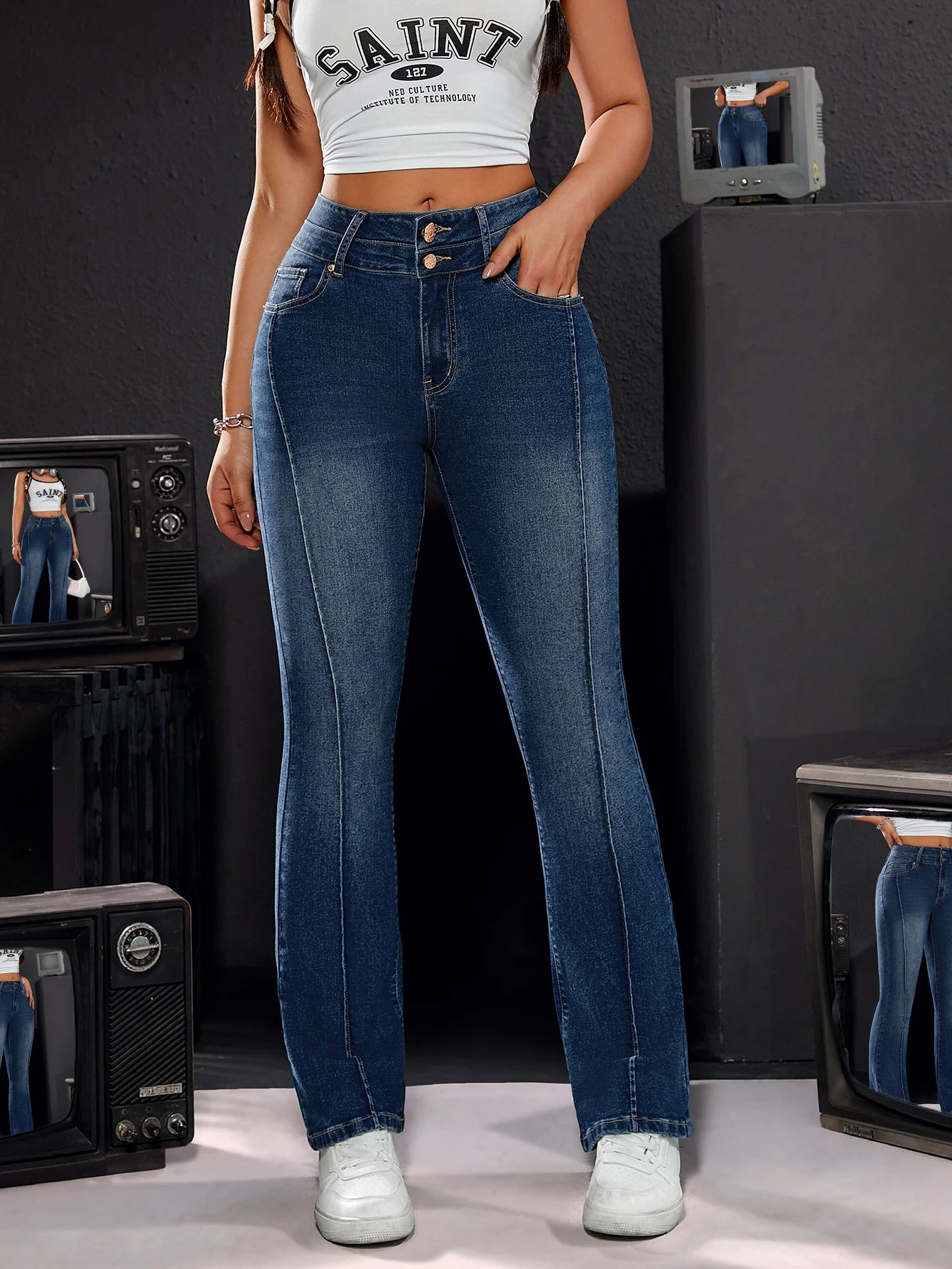 Women's High-Waisted Stretch Denim Trousers with Double Buttons