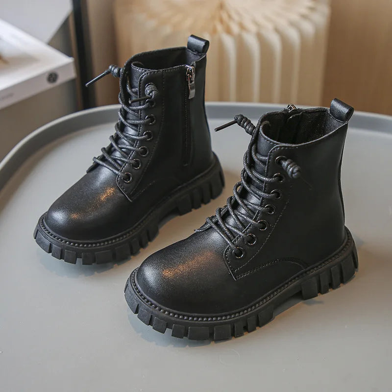 Children's Platform Ankle Boots Spring Autumn Girls Causal Black Leather Boots Fashion Non-slip Kids School Thick Bottom Boots