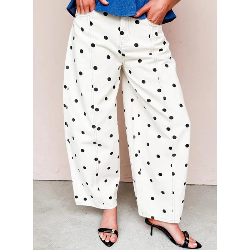 Fashion Women Barrel Jeans Dot Print Loose Denim Pants Spring Casual Baggy Trousers Fashion Wide-Leg Pants