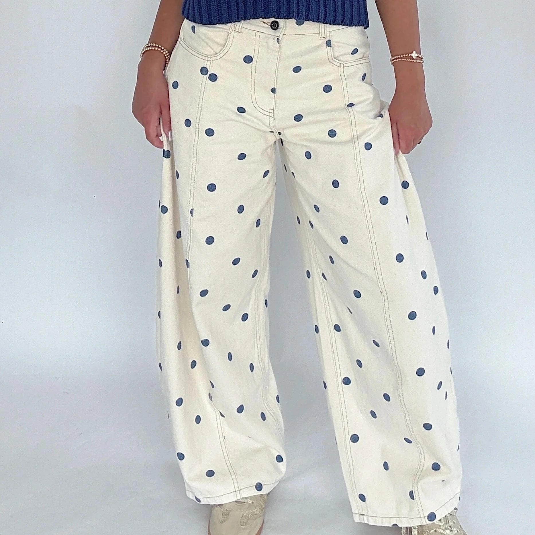 Fashion Women Barrel Jeans Dot Print Loose Denim Pants Spring Casual Baggy Trousers Fashion Wide-Leg Pants