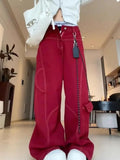 Women's Red Retro High-Waisted Wide-Leg Jeans, American Street Style Loose Wide-Leg Denim Pants, Lazy Comfortable Fashion Style