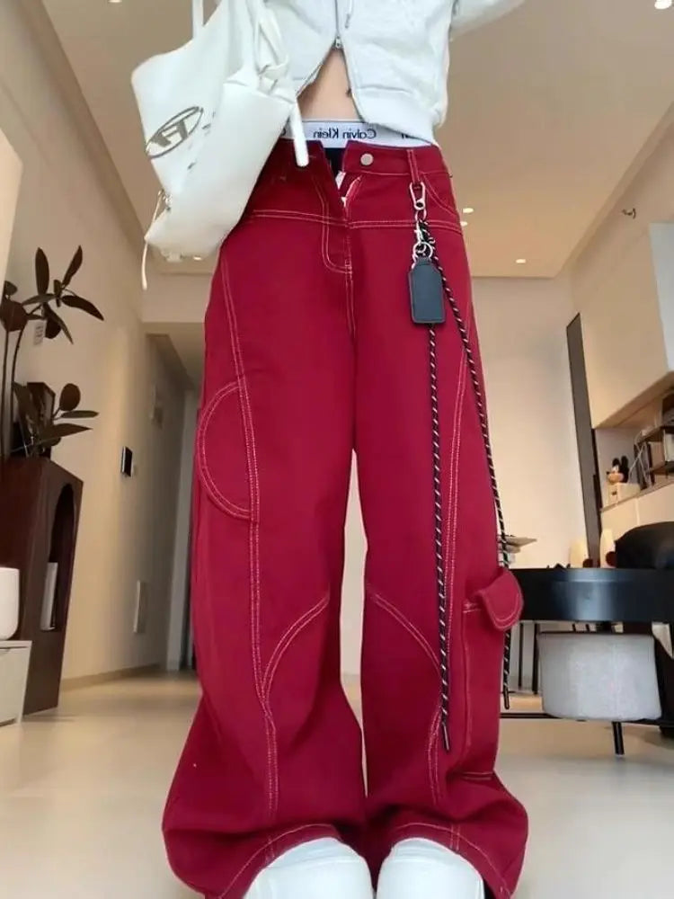 Women's Red Retro High-Waisted Wide-Leg Jeans, American Street Style Loose Wide-Leg Denim Pants, Lazy Comfortable Fashion Style