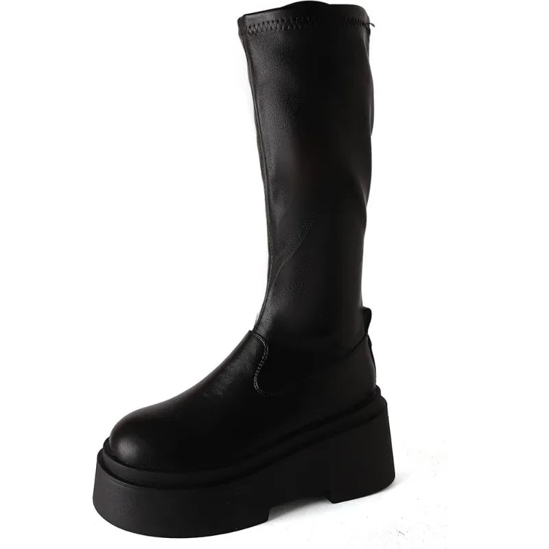 Chunky Women Knee High Boots Fashion Slip On Knight Long Booties Platform Flats Autumn Winter Shoes