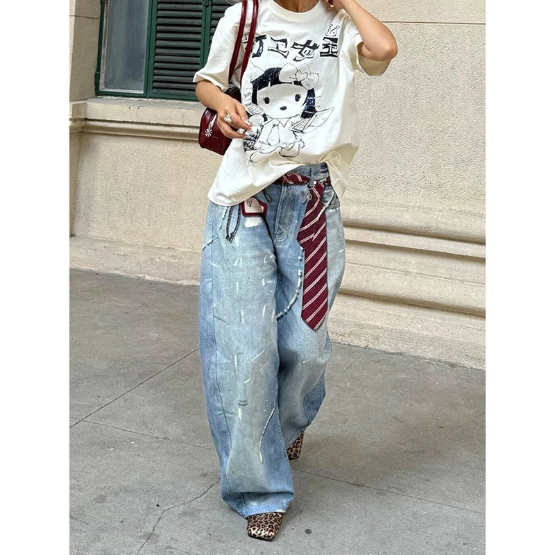 ZHIZOU Women Blue Y2k Baggy Jeans Harajuku VintageBent Knife Denim Trouser Aesthetic 2000s Style Jeans Pants Oversize Clothes