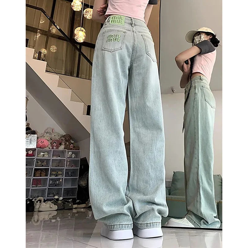 Lady Chic Green Embroidered Jeans Pants Women Loose Fit Denim Pants Girls High Waisted Straight Leg Jeans Trousers