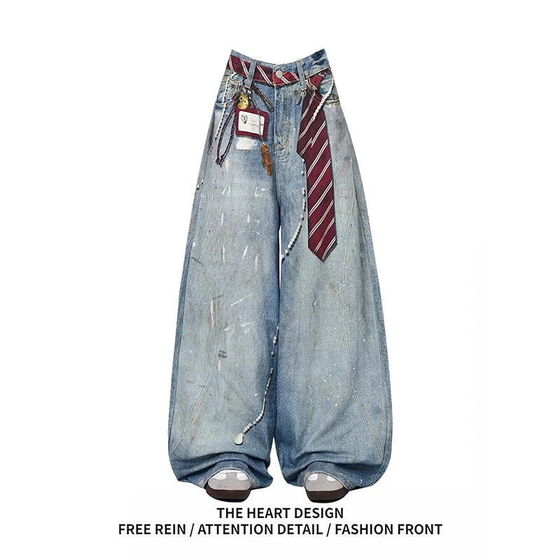 ZHIZOU Women Blue Y2k Baggy Jeans Harajuku VintageBent Knife Denim Trouser Aesthetic 2000s Style Jeans Pants Oversize Clothes