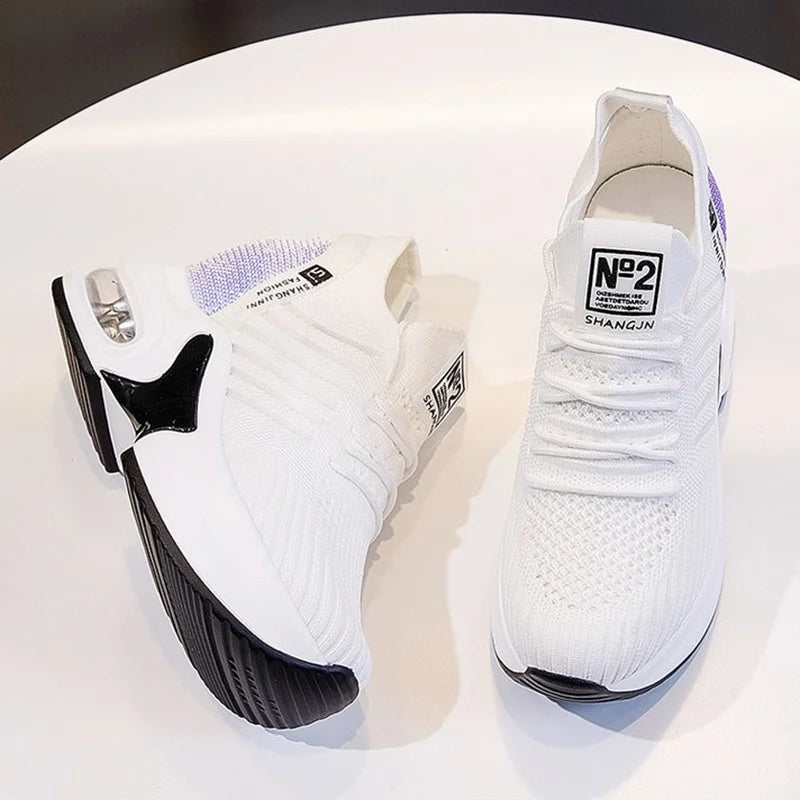 2022 New Women's Mesh Invisible Heightening Women's Wedge Heel Lace-up Sneakers Fashion Color Matching Women's Shoes
