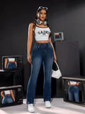 Women's High-Waisted Stretch Denim Trousers with Double Buttons