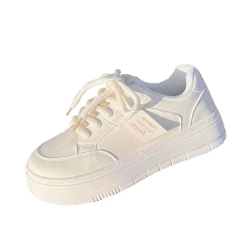 2024 Women Leather Flat Shoes Autumn New Fashion Breathable Vulcanized White Sports Lace Up Thick Soled Casual Shoes for Women