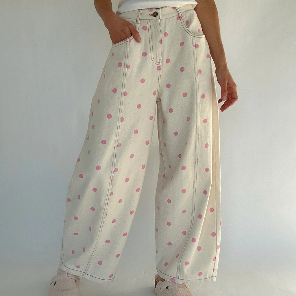 Fashion Women Barrel Jeans Dot Print Loose Denim Pants Spring Casual Baggy Trousers Fashion Wide-Leg Pants