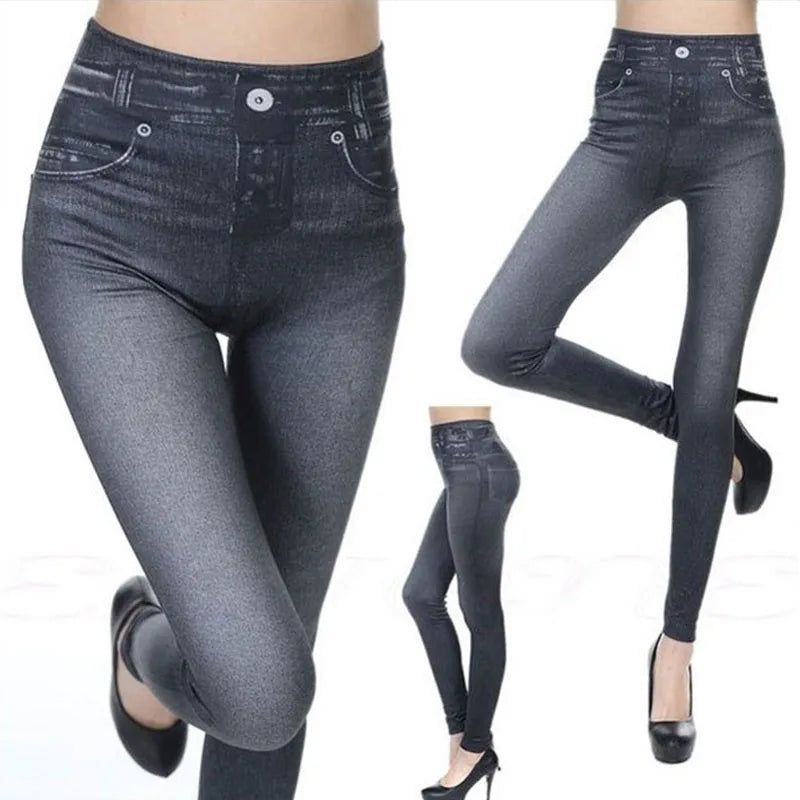 1pcs Women's Denim Print Leggings Females Fashion Slim Leggings Faux Jeans Leggings Lady Stretch Printed Tights Black Blue Pants