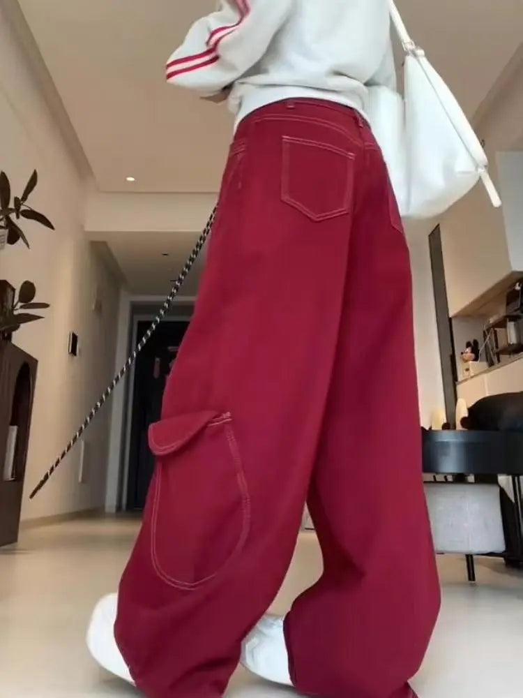 Women's Red Retro High-Waisted Wide-Leg Jeans, American Street Style Loose Wide-Leg Denim Pants, Lazy Comfortable Fashion Style