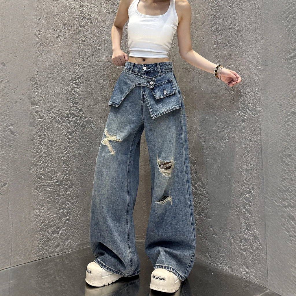 Streetwear Harajuku Jeans for Women Pantalones Vaqueros Mujer Chic Fake Two Denim Trousers Casual Straight Y2k Wide Leg Pants