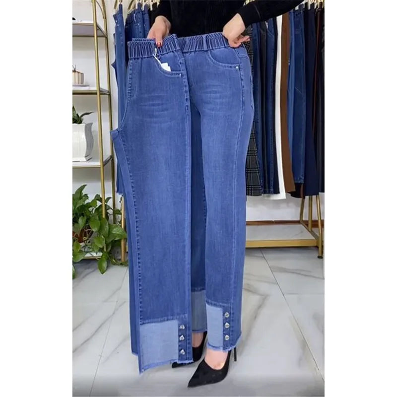 Middle-aged Women's Jeans Spring Autumn Stretch Waist Straight Denim Pants Large Size Loose High Waist Casual Black Blue Trouser