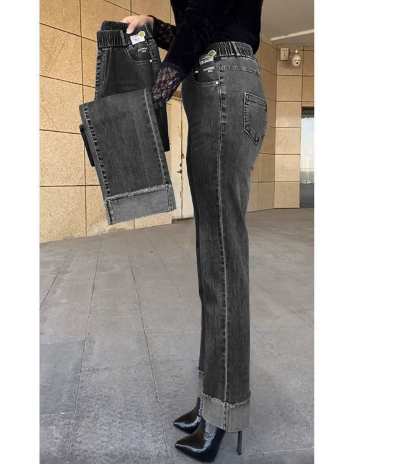 Middle-aged Women's Jeans Spring Autumn Stretch Waist Straight Denim Pants Large Size Loose High Waist Casual Black Blue Trouser