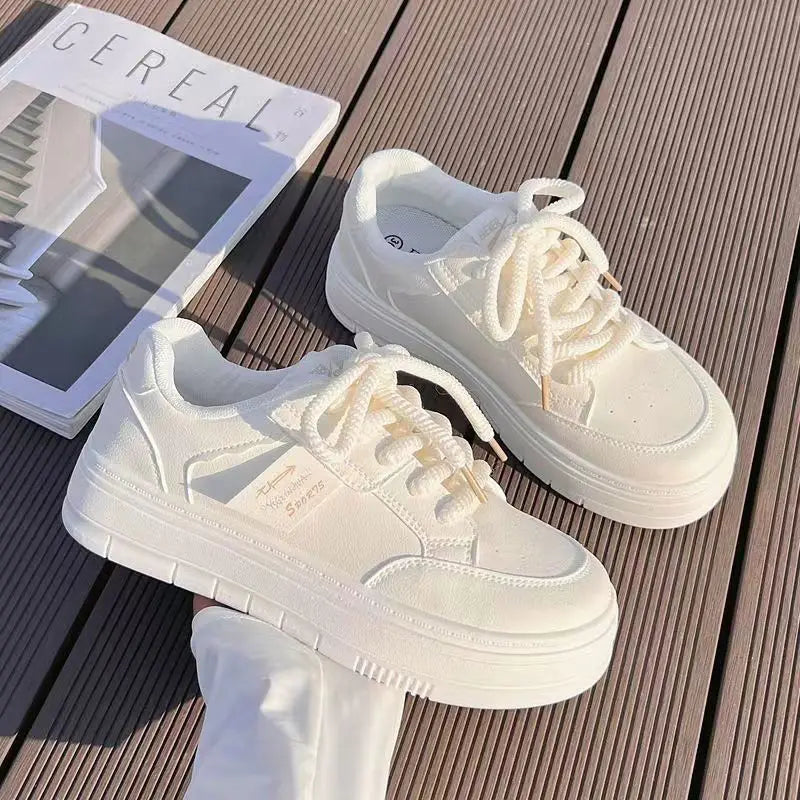 2024 Women Leather Flat Shoes Autumn New Fashion Breathable Vulcanized White Sports Lace Up Thick Soled Casual Shoes for Women