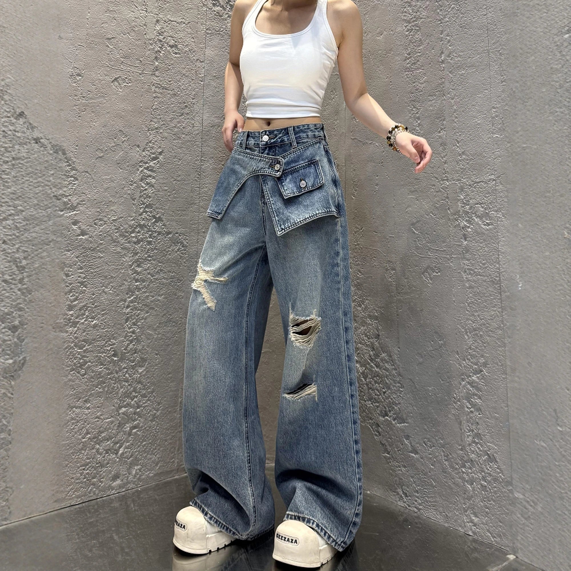 Streetwear Harajuku Jeans for Women Pantalones Vaqueros Mujer Chic Fake Two Denim Trousers Casual Straight Y2k Wide Leg Pants