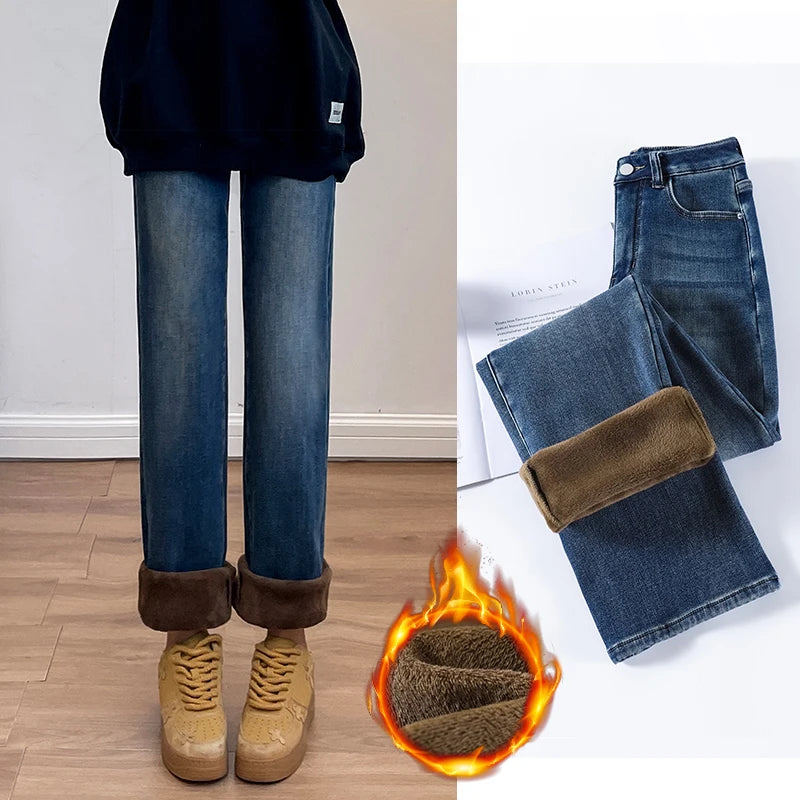 Winter Thickened Women's Mink Velvet Jeans Loose Straight Warm Soft Fleece Fashion Elastic High Waist Female Pants Black Blue