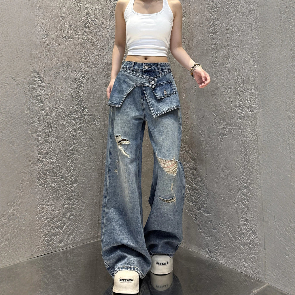 Streetwear Harajuku Jeans for Women Pantalones Vaqueros Mujer Chic Fake Two Denim Trousers Casual Straight Y2k Wide Leg Pants